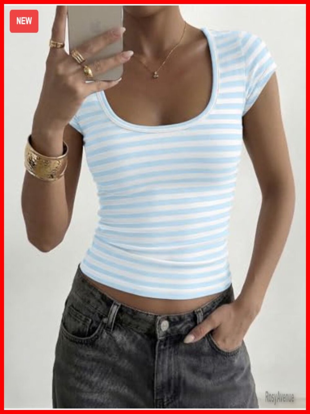 Color Block Striped Crop Top Short Cap Sleeve Scoop Neck Fitted Cropped Tshirt - Picture 2 of 3